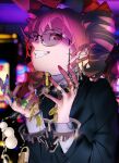  1girl absurdres black_coat bow chain chained_wrists coat coin cuffs drill_hair glasses gold hat hat_bow high_collar highres jewelry light_brown_hair mizoreshi necklace orange_eyes ribbon ring round_eyewear smile solo top_hat touhou twin_drills yorigami_jo&#039;on 