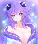  1girl bare_shoulders blue_eyes blush braid breasts cleavage d-pad d-pad_hair_ornament expressionless hair_ornament headgear hood hood_down hooded_jacket jacket large_breasts long_hair neptune_(neptune_series) neptune_(series) no_bra off_shoulder partially_unzipped power_symbol purple_hair purple_heart solo staring suta_(clusta) symbol-shaped_pupils twin_braids twintails upper_body very_long_hair 