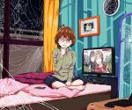  1girl barefoot broken_eyewear broken_glass brown_hair cellphone commentary glass glasses indian_style indoors on_bed original phone short_hair silk sitting smartphone solo spider_web sweater television turtleneck turtleneck_sweater window yajirushi_(chanoma) 