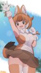  1girl :d absurdres animal_ears bangs breast_squeeze breasts brown_eyes brown_hair brown_skirt brown_tail clenched_hand dhole_(kemono_friends) eyebrows_visible_through_hair highres jumping kemono_friends kemono_friends_3 large_breasts open_hand open_mouth ryuusui_arumo short_hair skindentation skirt smile solo tail thick_thighs thighhighs thighs waving 