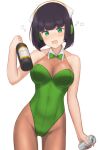  1girl beer_can black_hair bodystocking bottle bow bowtie breasts can cleavage detached_collar drunk green_bow green_bowtie green_eyes green_leotard headphones highleg highleg_leotard holding holding_bottle holding_can kyoumachi_seika large_breasts leotard looking_at_viewer playboy_bunny_leotard short_hair simple_background solo spetsnaz10032 strapless strapless_leotard voiceroid white_background wine_bottle 