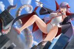  1girl bb_(fate) bb_(swimsuit_mooncancer)_(fate) black_coat blue_sky breasts building cityscape closed_eyes cloud coat commentary_request day dutch_angle fate/grand_order fate_(series) giant giantess gloves hand_on_hip high_heels highleg highleg_leotard highres large_breasts leotard looking_at_viewer neck_ribbon outdoors pointer popped_collar purple_hair red_footwear red_ribbon ribbon sky smile solo tentacles tomoshibi_(fuuzen_no_tomoshibi) white_gloves white_leotard 