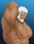  1boy aegir_(housamo) anchor_earrings aqua_hair arm_behind_head bara beard blue_eyes dark-skinned_male dark_skin earrings facial_hair from_side highres jewelry keijimohumohu large_pectorals looking_at_viewer male_focus mature_male multicolored_hair muscular muscular_male mustache nipples nude pectoral_focus pectorals short_hair solo streaked_hair stubble thick_eyebrows tokyo_afterschool_summoners upper_body white_hair 