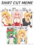  5girls animal_ears blonde_hair blue_eyes breasts brown_fur cleavage cleavage_cutout clothing_cutout eyebrows_visible_through_hair flat_chest fox_ears fox_girl fox_tail furry furry_female green_fur green_hair highres horokusa_(korai) japanese_clothes large_breasts long_hair looking_at_viewer medium_hair meme miko multiple_girls orange_fur original pink_eyes pink_hair red_eyes shirt_cut_(meme) short_hair shrugging sideboob small_breasts tail tiger_ears tiger_girl tiger_tail twintails twitter_username underboob white_fur 