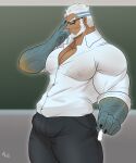  1boy aegir_(housamo) alternate_hairstyle aqua_hair bara beard black-framed_eyewear blue_eyes bulge chalk chalkboard collared_shirt covered_nipples dark-skinned_male dark_skin facial_hair fins from_side glasses highres keijimohumohu large_pectorals looking_at_viewer male_focus mature_male multicolored_hair muscular muscular_male partially_unbuttoned pectoral_cleavage pectorals shirt short_hair solo streaked_hair teacher thick_thighs thighs tokyo_afterschool_summoners white_hair 