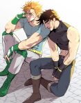  2boys bandage_on_face bandages bare_shoulders battle_tendency blonde_hair boots brown_hair caesar_anthonio_zeppeli crop_top elbow_rest feather_hair_ornament feathers fingerless_gloves gloves green_eyes hair_ornament hand_on_own_cheek hand_on_own_face head_rest headband jojo_no_kimyou_na_bouken joseph_joestar joseph_joestar_(young) kine_(warabi_mk501) knee_boots knee_pads leaning_on_person midriff multiple_boys sleeping triangle_print 