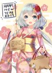  1girl 2019 :d absurdres animal_bag bag bangs blue_eyes blush commentary_request ema eyebrows_visible_through_hair floral_print flower hair_between_eyes hair_flower hair_ornament happy_new_year hard_translated highres holding holding_bag holmemee japanese_clothes kimono konno_junko long_hair looking_at_viewer low_twintails nengajou new_year obi open_mouth pink_flower pink_kimono print_kimono purple_flower red_flower sash silver_hair smile solo thick_eyebrows translated twintails very_long_hair zombie_land_saga 