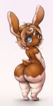  &lt;3 &lt;3_eyes 2019 animate_inanimate apron big_butt bitfly blonde_hair blue_eyes brown_fur butt cinnamon_bun clothing digital_media_(artwork) food_creature fur girly hair icing lagomorph looking_back male mammal naked_apron rabbit rear_view sasha signature simple_background solo thick_thighs 