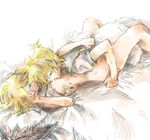  1girl aqua_eyes bad_id bad_pixiv_id blonde_hair breast_licking brother_and_sister flat_chest gyorui_(toura_minato) hetero hug incest kagamine_len kagamine_rin licking lying sex short_hair siblings sketch sweat twincest twins vocaloid 