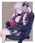  1girl absurdres black_dress chair daisi_gi dress fate/grand_order fate_(series) glasses gloves grey_hair highres jacques_de_molay_(foreigner)_(fate) purple_eyes short_dress single_glove sitting 
