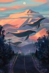  animal animal_focus artist_name blue_whale cloud english_commentary evening fins flying from_side geneva_bowers highres moon mountain no_humans original outdoors road scenery tail_fin tree utility_pole watermark whale 