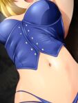  1girl alice_margatroid armpits arms_up blonde_hair blue_panties blue_vest breasts buttons cleavage commentary_request head_out_of_frame medium_breasts midriff navel navel_focus open_mouth panties stomach touhou underwear vest yadokari_genpachirou 