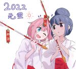  2022 2girls :o alternate_costume arrow_(projectile) bangs blue_eyes commentary hair_bun hair_ornament hair_scrunchie hakama hamaya holding holding_arrow japanese_clothes kagamihara_nadeshiko kimono long_hair long_sleeves looking_at_another low_twintails miko multiple_girls murairamuraiari new_year notice_lines one_eye_closed open_mouth pink_hair purple_eyes red_hakama scrunchie shima_rin short_hair simple_background smile standing sweatdrop translated twintails v white_background white_kimono white_scrunchie wide_sleeves yurucamp 
