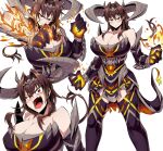  1girl anger_vein bare_shoulders breasts brown_hair cleavage closed_mouth collarbone demon_girl demon_horns eyebrows_visible_through_hair fangs fire hair_intakes highres horns large_breasts looking_at_viewer open_mouth original parted_lips red_eyes shimure_(460) solo teeth tiara 