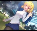  1girl antenna_hair arcueid_brunestud bangs black_legwear blonde_hair blue_skirt blush breasts building city_lights eyebrows_visible_through_hair hair_between_eyes highres itsuka_neru jewelry light_particles long_sleeves looking_at_viewer medium_breasts miniskirt necklace open_mouth outdoors pantyhose red_eyes short_hair single_hair_intake skirt smile solo sweater tongue tree tsukihime tsukihime_(remake) turtleneck turtleneck_sweater white_sweater 