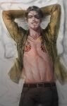  1boy abs arms_behind_head bare_pectorals black_eyepatch black_hair dakimakura_(medium) eyepatch facial_hair goatee grin highres homil22 irezumi majima_gorou male_focus mustache open_clothes pectorals ryuu_ga_gotoku smile snake_print solo tattoo 