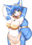  1girl animal_ears arms_behind_head arms_up blue_fur blue_hair blush breasts cleavage closed_mouth collarbone eyebrows_visible_through_hair fang fang_out fox_ears fox_girl fox_tail furry furry_female green_eyes highres horokusa_(korai) jewelry krystal large_breasts looking_at_viewer navel necklace short_hair smile solo star_fox tail tongue tongue_out white_fur 