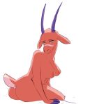  antelope anthro bald bed bovid breasts butt disney fan_character female furniture green_sclera hi_res hooves horn looking_at_viewer looking_back mammal mature_female nipples nobby_(artist) nude on_bed pinup pose rear_view short_tail sitting solo zootopia 