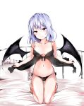  1girl absurdres babydoll bangs bare_legs bare_shoulders barefoot bat_wings black_babydoll black_panties black_wings blush bow bow_panties breasts camisole clothes_lift collarbone eyebrows_visible_through_hair frilled_pillow frills highres kuromiko_shoujo light_blue_hair lingerie medium_breasts midriff naughty_face navel on_bed panties pillow red_eyes remilia_scarlet see-through simple_background small_breasts smile spaghetti_strap stomach touhou underwear underwear_only white_background wings 