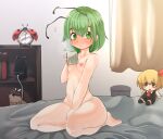  1girl alarm_clock antennae bangs between_legs blush book breasts bug cellphone character_doll charging_device clock commentary_request completely_nude cup curtains full_body green_eyes green_hair hair_between_eyes hand_between_legs holding holding_cup indoors ladybug looking_at_viewer mug mystia_lorelei mystia_lorelei_(bird) nipples notice_lines nude on_bed phone rumia seiza shelf short_hair sitting small_breasts smartphone solo thighs touhou trash_can unimamo wriggle_nightbug 