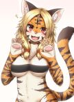  1girl :3 animal_ears animal_hands bandeau blonde_hair blush breasts cleavage eyebrows_visible_through_hair fang furry furry_female highres horokusa_(korai) large_breasts looking_at_viewer medium_hair open_mouth orange_fur original pawpads red_eyes smile solo strapless tail tiger_ears tiger_girl tiger_tail tongue tube_top white_fur 