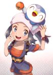  1girl :d akari_(pokemon) arm_up black_hair blurry blush chitozen_(pri_zen) commentary_request eyelashes grey_eyes hand_up head_scarf highres holding holding_poke_ball long_hair on_head open_mouth piplup poke_ball poke_ball_(legends) pokemon pokemon_(creature) pokemon_(game) pokemon_legends:_arceus pokemon_on_head poketch short_sleeves sidelocks smile teeth tongue upper_teeth watch watermark wristwatch 