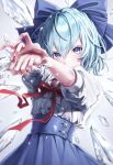  1girl adapted_costume arms_up bloom blue_bow blue_dress blue_eyes blue_hair bow center_frills cirno covered_mouth cowboy_shot dress frills hair_between_eyes highres holding ice ice_wings looking_at_viewer short_hair simple_background solo torinari_(dtvisu) touhou white_background wings 
