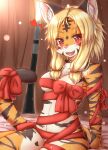  1girl animal_ears bow breasts cleavage eyebrows_visible_through_hair furry furry_female heart highres horokusa_(korai) large_breasts looking_at_viewer orange_fur original red_bow red_ribbon ribbon sitting solo tail tiger_ears tiger_girl tiger_tail white_fur 