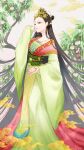  1girl absurdres black_hair chinese_clothes cloud dated earrings facial_mark food forehead_mark fruit hair_ornament hand_up hanfu highres holding holding_food holding_fruit jewelry long_hair looking_at_viewer makeup monkey necklace original outdoors peach smile solo standing t0dayscolor weapon wide_sleeves yellow_eyes 