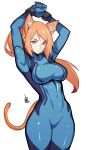  1girl absurdres animal_ears arms_up blonde_hair blue_bodysuit blue_eyes bodysuit breasts cat_ears cat_girl cat_tail covered_navel cowboy_shot distr eyebrows_visible_through_hair highres long_hair looking_at_viewer metroid ponytail samus_aran simple_background solo tail watermark white_background zero_suit 