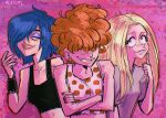  3girls blonde_hair blue_hair buck_teeth ed_edd_n_eddy freckles grin hair_over_one_eye highres lee_kanker marie_kanker may_kanker meatgiri multiple_girls short_hair siblings sisters smile tank_top teeth 