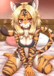  1girl :3 animal_ears black_bra blonde_hair blush bra breasts cleavage closed_mouth eyebrows_visible_through_hair fang fang_out furry furry_female highres horokusa_(korai) large_breasts looking_at_viewer medium_hair orange_fur original red_eyes sitting smile solo tail tiger_ears tiger_girl tiger_tail underwear v_arms wariza white_fur 