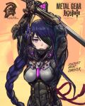  abs armor arms_up artist_request breasts crossover cyborg eyepatch genshin_impact highres katana long_hair looking_at_viewer metal_gear_(series) metal_gear_rising:_revengeance one_eye_covered purple_eyes purple_hair raiden_(metal_gear) raiden_shogun sword weapon 