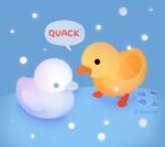  animal animal_focus artist_name beak bird black_eyes blue_background duck duckling english_commentary no_humans open_mouth original pikaole simple_background snow snow_sculpture snowing speech_bubble standing watermark 