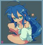  1girl :3 ahoge aqua_eyes areola_slip areolae artist_logo bangs bare_shoulders blue_background blue_border blue_hair border bottomless breasts bright_pupils cleavage closed_mouth collarbone collared_shirt eyebrows_visible_through_hair furrowed_brow hair_between_eyes izumi_konata long_hair long_sleeves looking_at_viewer lucky_star medium_breasts messy_hair mole mole_on_breast mole_under_eye no_bra off_shoulder outside_border partially_undressed shirt sidelocks simple_background sitting sleeves_past_fingers sleeves_past_wrists solo star_(symbol) starmilk sweat very_long_hair white_shirt yokozuwari 