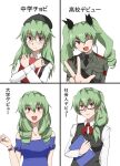  1girl :d ;d alternate_hairstyle anchovy_(girls_und_panzer) anzio_military_uniform bangs belt beret black_neckwear black_ribbon black_shirt black_vest blue_dress closed_mouth commentary dress dress_shirt drill_hair eyebrows_visible_through_hair girls_und_panzer green_hair grey_jacket hair_over_shoulder hair_ribbon hat highres holding holding_notebook jacket lapia_(206697) long_hair long_sleeves looking_at_viewer low-tied_long_hair military military_uniform neck_ribbon necktie notebook off-shoulder_dress off_shoulder office_lady older one_eye_closed open_mouth red-framed_eyewear red_eyes red_ribbon ribbon rimless_eyewear sam_browne_belt semi-rimless_eyewear shirt short_hair smile translated twin_drills twintails under-rim_eyewear uniform vest w watch white_shirt wing_collar wristwatch 
