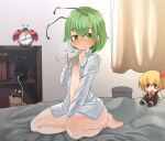  1girl alarm_clock antennae bangs between_legs blush book bottomless breasts bug cellphone character_doll charging_device clock closed_mouth collared_shirt commentary_request cup curtains flying_sweatdrops full_body green_eyes green_hair hair_between_eyes hand_between_legs holding holding_cup indoors ladybug looking_at_viewer mug mystia_lorelei mystia_lorelei_(bird) naked_shirt on_bed open_clothes open_shirt phone rumia seiza shelf shirt short_hair sitting small_breasts smartphone smile solo thighs touhou trash_can unimamo white_shirt wriggle_nightbug 
