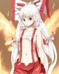  1girl baggy_pants bangs bare_shoulders bow brown_background chest_sarashi cigarette collarbone eyebrows_visible_through_hair fiery_wings fire fujiwara_no_mokou hair_bow hand_in_pocket hell.k highres long_hair midriff navel ofuda ofuda_on_clothes open_fly pants red_eyes red_pants sarashi simple_background stomach suspenders touhou very_long_hair white_bow white_hair wings 