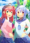  2girls :d ahoge animal_ear_fluff animal_ears bangs bell blue_hair blue_neckwear blue_sailor_collar blue_skirt blue_sky blush braid cardigan closed_mouth cloud cloudy_sky commentary commission day eyebrows_visible_through_hair green_eyes hair_bell hair_between_eyes hair_ornament hololive jingle_bell kou_hiyoyo long_hair long_sleeves looking_at_viewer multicolored_hair multiple_girls neckerchief one_side_up outdoors pink_cardigan pleated_skirt rabbit_ears red_eyes red_hair red_neckerchief sailor_collar sakura_miko short_eyebrows sidelocks skeb_commission skirt sky sleeves_past_wrists smile thick_eyebrows twin_braids twintails two-tone_hair usada_pekora virtual_youtuber white_cardigan white_hair 