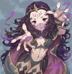  1girl blue_panties bodystocking breasts cape circlet facial_mark fire_emblem fire_emblem_fates long_hair looking_at_viewer magic midriff mojakkoro mouth_veil nail_polish navel nyx_(fire_emblem) open_mouth outstretched_arms panties pantyhose purple_nails red_eyes see-through small_breasts underwear veil very_long_hair 