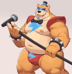  2022 4_fingers alternate_species anthro anthrofied belly biceps blue_eyes blue_markings bow_tie bracelet brown_bear brown_body brown_fur bulge clothing fangs fingers five_nights_at_freddy&#039;s five_nights_at_freddy&#039;s:_security_breach fur furrification glamrock_freddy_(fnaf) grey_background hat headgear headwear jewelry kemono male mammal markings microphone moki moobs multicolored_body multicolored_fur navel nipples open_mouth overweight overweight_male red_clothing red_thong red_underwear round_ears scottgames shoulder_pads simple_background smile solo spiked_bracelet spikes steel_wool_studios tan_body tan_fur thick_thighs thong top_hat two_tone_body two_tone_fur underwear ursid ursine video_games 