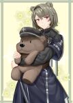 absinthe_(arknights) absurdres animal_ear_fluff animal_ears arknights bear_ears bear_girl chiyo_goya flower grey_hair highres holding holding_stuffed_toy red_eyes rhodes_island_logo smile solo stuffed_animal stuffed_toy tears teddy_bear yellow_background yellow_flower 