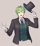  1boy bangs commentary_request david_(fate) fate/grand_order fate_(series) formal gloves green_eyes green_hair hat holding long_sleeves looking_at_viewer male_focus one_eye_closed open_mouth short_hair smile zanshi 