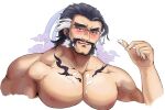  1boy bara black_hair blush daikoku_(housamo) highres licking_lips male_focus mature_male muscular muscular_male nipples pectorals riner_(rinerr_r) solo tokyo_afterschool_summoners tongue tongue_out white_hair 