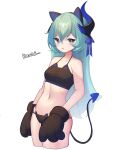  1girl absurdres animal_ears animal_hands bare_arms bare_shoulders black_bra black_panties blue_eyes bra breasts bright_pupils cat_ear_panties cat_lingerie cropped_legs fake_animal_ears gloves green_hair hairband halterneck highres honkai_(series) honkai_impact_3rd horns liliya_olenyeva long_hair looking_at_viewer medium_breasts meme_attire navel panties parted_lips paw_gloves sbgu simple_background single_horn solo spaghetti_strap stomach string_panties tail underwear v-shaped_eyebrows white_background 