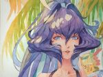  1girl bangs black_tank_top blue_eyes blue_hair can collarbone hair_between_eyes hair_intakes holding holding_can light_smile mitsurugi_meiya muvluv painting_(medium) parted_lips philiera plant ponytail portrait russian_commentary solo tank_top traditional_media watercolor_(medium) 