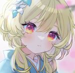  1girl blonde_hair blush bob_cut flower genshin_impact hair_flower hair_ornament head_tilt highres looking_at_viewer lumine_(genshin_impact) multicolored_eyes pale_skin purple_eyes solo syorisensei yellow_eyes 