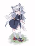  1girl animal animal_ear_fluff animal_ears arknights arms_behind_back bangs bird black_bow black_skirt black_vest blood blood_on_knife bow commentary_request eyebrows_visible_through_hair feathers full_body grey_eyes grey_hair grey_shirt hair_between_eyes hair_ornament hairclip head_tilt highres kaleka knife lappland_(arknights) long_hair shirt short_sleeves skirt solo standing tongue tongue_out very_long_hair vest white_background white_feathers younger 