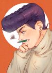  1boy diamond_wa_kudakenai higashikata_josuke homil22 jojo_no_kimyou_na_bouken pencil_on_nose pompadour pouty_lips profile purple_eyes sleeves_past_wrists solo squiggle sweater turtleneck 