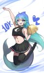  1girl :d absurdres arm_up bare_arms bare_shoulders black_legwear black_shirt black_skirt blue_eyes blue_hair cheerleader crop_top crop_top_overhang dorsal_fin fish_tail gradient_hair heart highres holding holding_pom_poms legs_up long_hair looking_at_viewer midriff miniskirt multicolored_hair navel original pleated_skirt pom_pom_(cheerleading) sbgu shark_tail sharp_teeth shirt skirt sleeveless sleeveless_shirt smile solo stomach tail teeth thighhighs very_long_hair zettai_ryouiki 